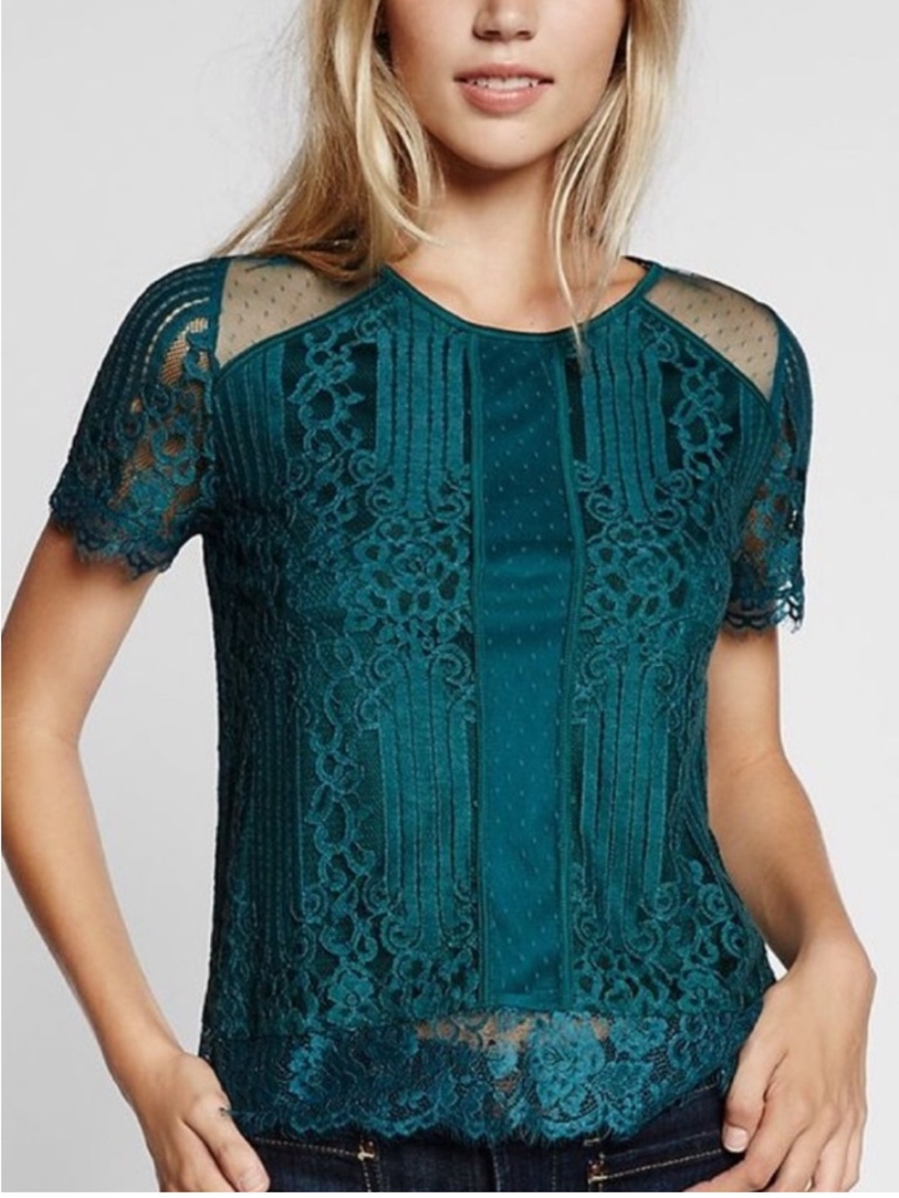 Express Green Lace Short Sleeve Tee / Blouse Size M NWOT